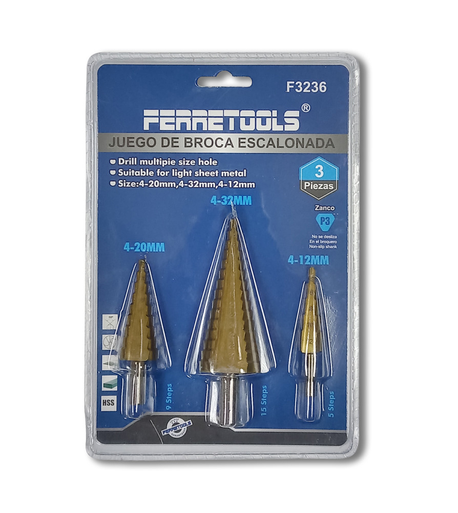 Set De Brocas Escalonadas 3 Piezas (4-12/4-20/4-32) FERRETOOLS