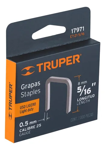 Grapas Truper 8 mm 5/16 Pulg. 1000 Und.